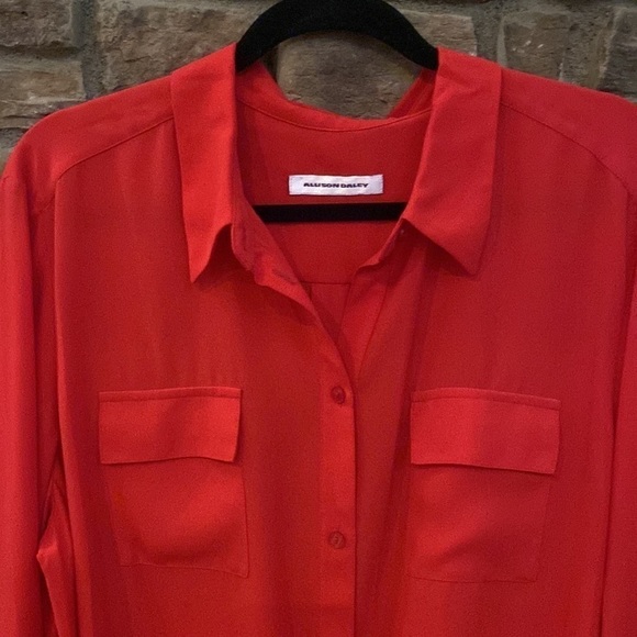 Allison Daley Red button down blouse with front tie and unique rolled sleeves.1X - Picture 4 of 6